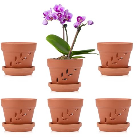 OLegei Pots de Fleurs en Terre Cuite avec Trous et soucoupes, 10x8cm, 6pcs | petits pots pour plante à l’extérieur et à l’intérieur, motif de feuille