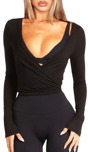 Navneet Women Pilates Wrap Top Ballet Yoga Tops Cute Going Out Top Y2K Low Cut Long Sleeve Tops Tie Up Bolero Cardigans Fall Black L