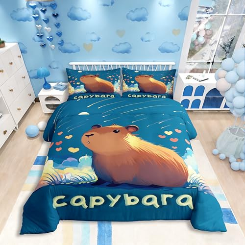 Homewish Cartoon Capybara Wolken Liebe Sternschnuppen Bettbezug 135x200 | Kinder Jungen Mädchen Jugendliche Pflanzen Bettwäscheset Kawaii Tiere Capybara Bett Set