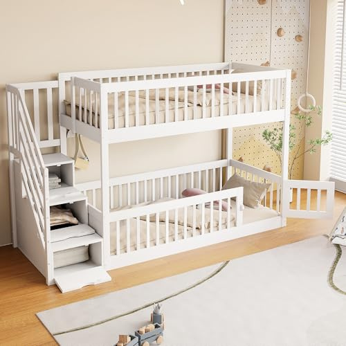 GigaXynium Letto a castello per bambini, 90 x 200 cm, in legno massiccio, con tetto, scala di sicurezza e cassetti, spazio di archiviazione, letto singolo (bianco, 90 x 200 cm)