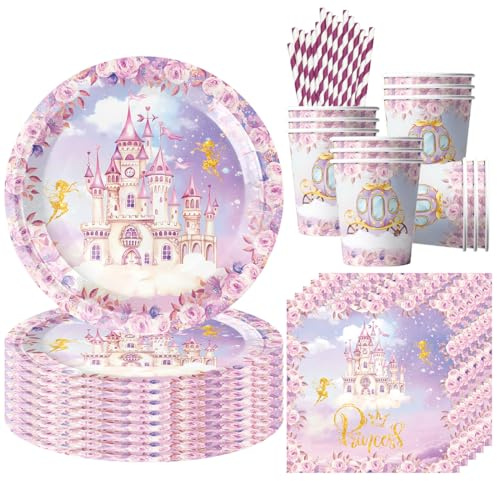 68 Stück Schloss Prinzessin Partygeschirr für 16 Gäste, Castle Geburtstag Geschirr, Castle Partyteller Becher Servietten, Prinzessin Kindergeburtstag Party Deko für Mädchen