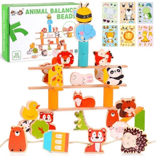 GEEKEO Spielzeug ab 1 2 3 Jahre Mädchen und Jungen, Fädelspiel Montessori Spielzeug Lernspiel Steckspiel Bausteinen mit Tieraufkleber Pädagogisches Motorikspielzeug Geschenke für Kinder