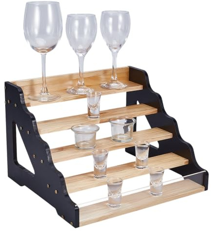 PH PandaHall Estante de exhibición de vidrio de chupito de 5 niveles, soporte de madera para copas de vino, soporte de almacenamiento de licor, estante de bar, organizador de jarabe de café con