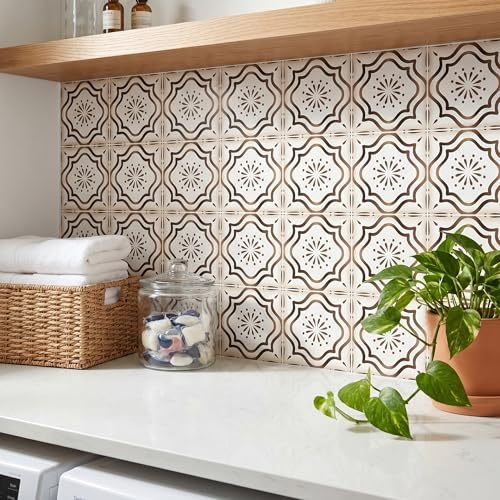 MEIHEA 16 Count Moroccan Tile Decals 5.9 inch – Self Adhesive Vinyl Wall Stickers, Waterproof Peel & Stick for Kitchen Backsplash, Bathroom, Stair Tread Accent (Brown)