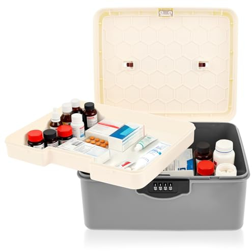harupink Medikamentenbox Abschließbar Groß Abschliessbare Box Mit Zahlenschloss Abschließbare Aufbewahrungsbox mit Tragbarer Griff und Herausnehmbarem Fach für Medikamente Handy Snacks(Grau)