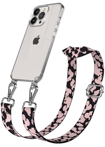 EAZY CASE Handykette - Verstellbares Taschenband kompatibel mit iPhone 13 Pro, Schulterriemen, Handykordel mit Silikon Hülle, Umhängetasche, Rosa Camouflage Silber