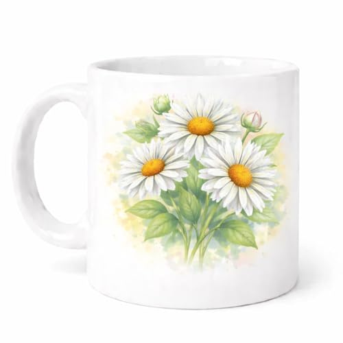 Brew Crew Gifts Daisy Mug, White Ceramic with Watercolour Floral Design, 11oz, Dishwasher and Microwave Safe