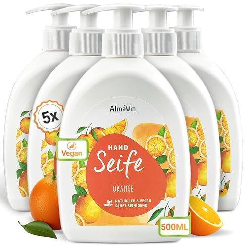 AlmaWin® Handseife flüssig mit Orangen-Duft [5x 500ml] - Flüssigseife für sanfte Handreinigung - Flüssig Seife im praktischen Spender - Hand Wash - Natürlich, Hautmild & VEGAN