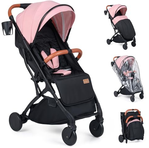 COSTWAY Passeggino Leggero Neonati Pieghevole con Tettuccio (Rosa) | Schienale e Poggiapiedi Reclinabili, Passeggino con Portabicchieri, Cestello Portaoggetti, per Bambini 0-3 Anni