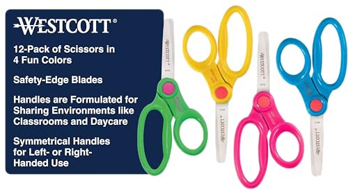 Westcott 14871 Right- and Left-Handed Scissors, Kids' Scissors, Back to School, Classroom Supplies, Ages 4-8, 5-Inch Blunt Tip, Assorted, 12 Pack
