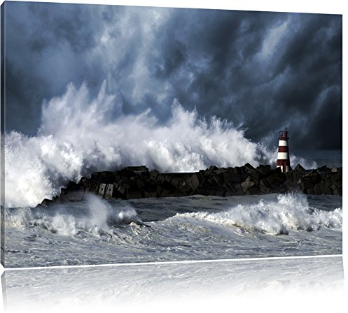 Pixxprint Tobendes Meer mit Leuchtturm, Größe: 120x80cm, Leinwandbild, fertig gespannt, Wandbild, Dekoration, Kunstdruck, kein Poster