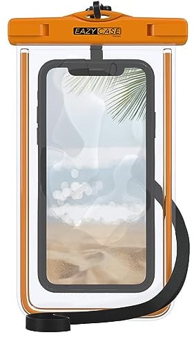 EAZY CASE - wasserdichte Unterwasserhülle Orange Schutzhülle Handyhülle Universal Unterwassertasche Handy Tasche wasserfest Universalhülle für alle Modelle bis 6,7 Zoll mit Umhängeband in Schwarz
