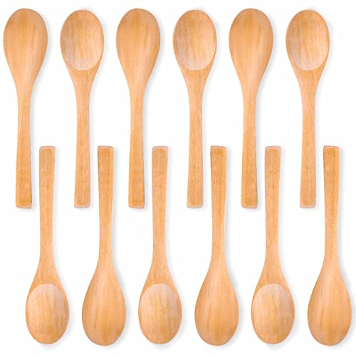 VGOODALL Wooden Spoons Handmade, 12PCS 13cm Small Wooden Spoons Serving Condiments Salt Sugar Spoons Honey Teaspoon Coffee Tea Jam Mustard Ice Cream Spoons Wooden Cutlery Jar Wedding Party