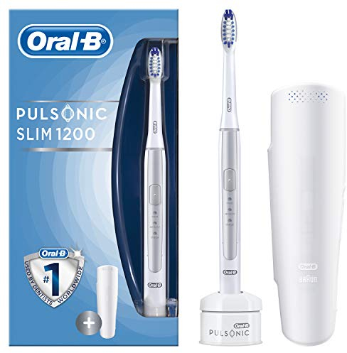 Braun Oral-B Pulsonic Slim 1200 elektrische Schallzahnbürste, mit Timer, 1 Aufsteckbürste und Reise-Etui, silber