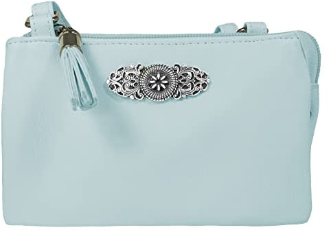 Trachtenland Damen Trachten Handtasche Sofia – Dirndl Umhängetasche aus Lederimitat mit Applikation & Troddel in Pastellfarben oder Schwarz (Hellblau, ca. 18 x 12 x 8 cm)