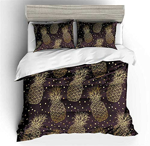 FANSU Bettbezug Bettwäsche Set 3 teilig, Mikrofaser 3D Ananas Bedrucktes Bettwäsche-Set Kopfkissenbezug Bettbezug mit Reißverschluss Schließung (135x200cm-2pcs,Gold)