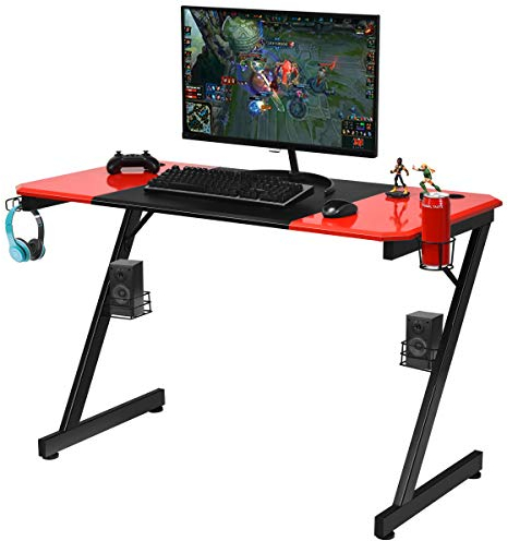 COSTWAY Bureau Gaming Surface en Fibre de Carbone 120 X 60 X 76CM avec Porte-gobelet, Crochet pour Ecouteurs et Supports Audio Noir et Rouge