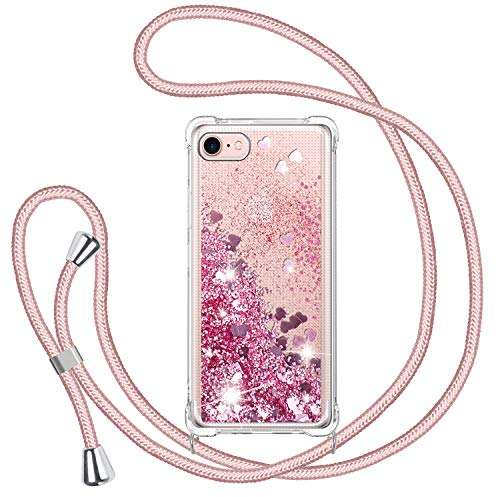 TUUT Handyband für iPhone SE 2020/2022/8/7 Hülle mit Band, Glitzer Treibsand Handyhülle mit Kordel zum Umhängen Transparent Stoßfest Schutzhülle mit Kette Schnur, Quicksand Necklace Case in Rosa