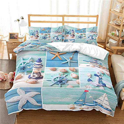 LTHCELE Bettbezug 100% Baumwolle Bettwäsche Mikrofaser 3 teilig 135 x 200 cm Einfach stilvoll Seestern Leuchtturm Bettwäsche Set 3 Teilig Bettbezüge Mikrofaser Bettbezug mit Reißverschluss und 2 Kisse