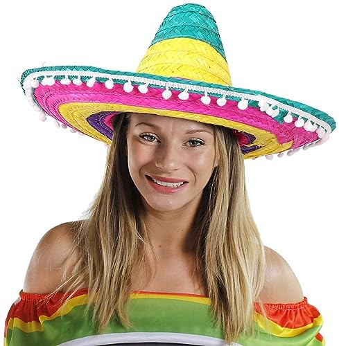 I LOVE FANCY DRESS Gorro de disfraz, sombrero mexicano multicolor con detalles de pompón blanco, unisex, talla única, paquete de 3