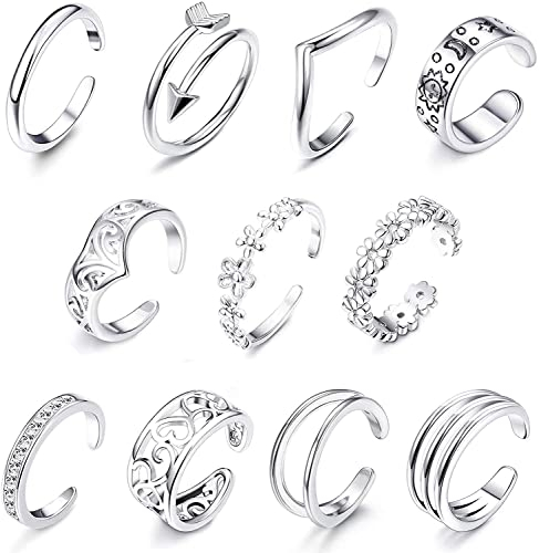 Adramata 11 Pcs Réglable Femme Bague Orteil 14K Plaqué Or Simple Flèche Ouverte Fleur Coeur Pied Bijoux Bague Orteil Ensemble