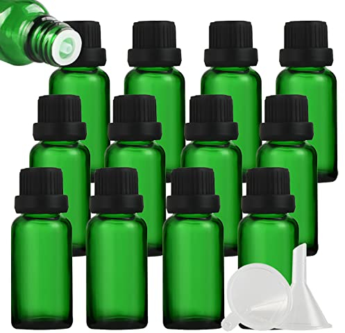 ZEOABSY 12 Stück Leer 20ml Braunglas Flasche mit Tropfmontur Originalitätsverschluss, Tropfflasche Grün mit Schwarz Schraubverschluss Glasflaschen für Ätherisches Öle Essenzen Aromatherapie