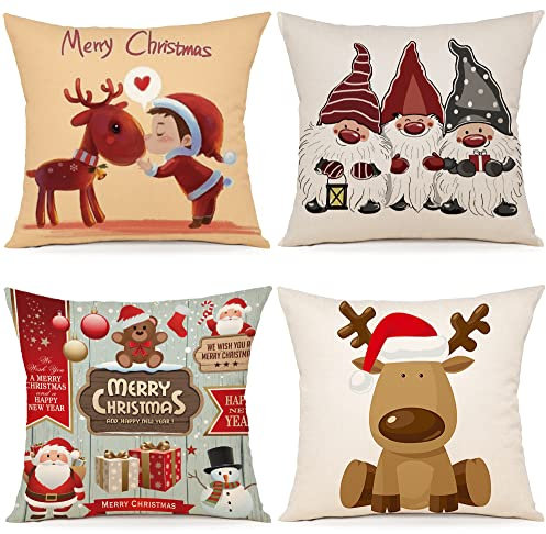 ZWJD Cuscini Natalizi per Divano 4 Pack Federe Cuscini Divano 45x45 Federe Cuscini Natalizi Cotone e Lino Biancheria Cuscini per Divano per Natale Decorazioni Casa