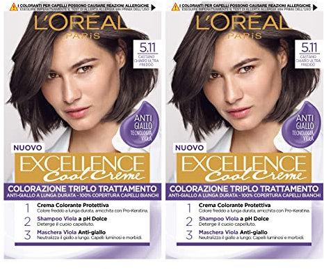 L'Oréal Paris Excellence Cool Creme Dauerhafte Haarfärbung Dreifach-Behandlung Technologie Anti-Vergilbung Schutzwirkung Illuminierende Farbe 5.11 Ultra Cool Hellbraun - 2 Packungen