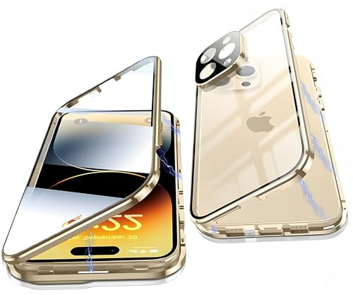Clear Case for iPhone 14 Pro Max Magnetic Cover,360 Degrees Full Body Protection Case[with Camera len's Protector]Metal Bumper Front and Back Transparent Tempered Glass One-piece Flip Case,Gold