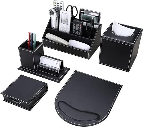 KINGFOM Büro Zubehör Set Schwarz, 5Pcs PU Leder Schreibtisch Set mit Schreibtisch Organizer, Kosmetiktücherbox, Mauspad, Stifthalter mit Visitenkartenetui und Zettelbox (T50H-Schwarz)