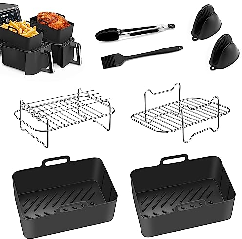 Immver Air Fryers Accessories for Ninja Dual Air Fryers AF300UK AF400UK AF451UK, Set of 8, 2 Reusable Silicone Air Fryer Liners, 2 Air Fryer Rack, 4 Skewer, 2 Silicone Gloves, Kitchen Tongs, Oil Brush