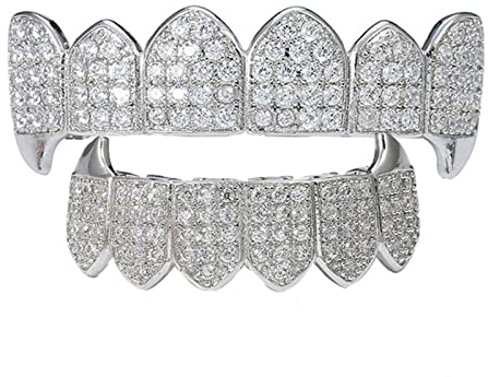 Hip Hop Zähne Grillz Iced Out CZ Vampir Grills Top & Bottom Zahn Set Halloween Cosplay Party Zahn Rapper Geschenk,Silber,Set