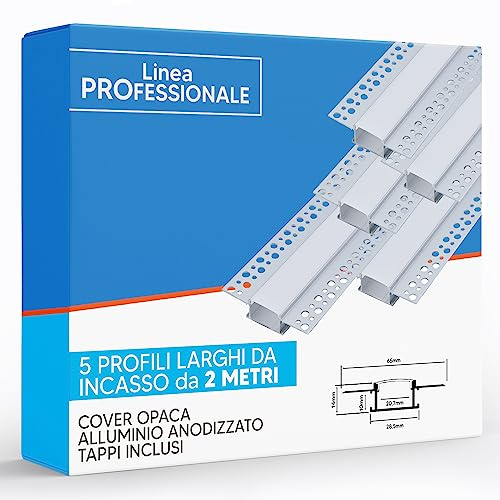 Eurekaled – 5pz Profilo LARGO in alluminio da incasso 2mt, a scomparsa nel cartongesso, per strisce led con copertura opaca