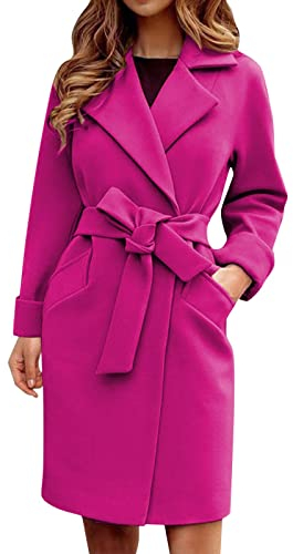 Trench da donna autunnale vintage comodo solido risvolto spolverino manica lunga media lunghezza trench con tasche da donna retrò elegante cardigan da lavoro giacca trapuntata da donna, Rosa acceso, S