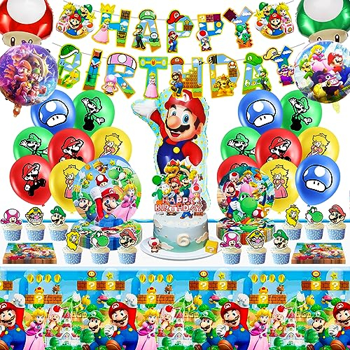 Geburtstagsdeko Partygeschirr, Super Party Geburtstag Deko, Luftballon und Tortendeko, 76pcs Kindergeburtstag Mitgebsel Ballon Dekoration Geburtstag-Servietten, Pappteller, Tischdecken, Banner