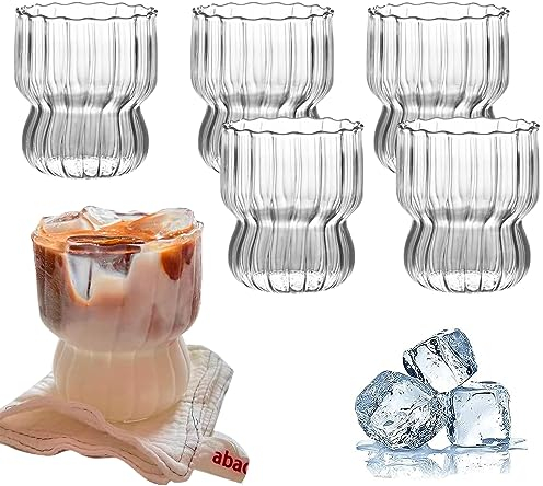 WOOLUCK 6 Stück Klare Glasbecher, Iced Coffee Glass, Dessertgläser Teeglas Ripple Kaffeebecher, für Saft Wasserglas Kaffeetassen