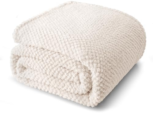 Whale Flotilla Queen Size Fuzzy Fleece Blanket for Bed, 90x90 Inch Fluffy Warm Soft Jacquard Blankets for All Season, Lightweight and Cozy, Ivory
