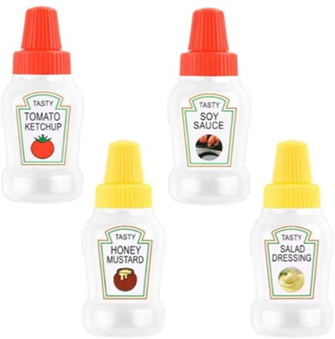 Mini Bouteille De Sauce 4 Pièces 25 ML À Presser Mini Bouteille De Ketchup Aux Tomates avec Étiquettes Mini Bouteilles De Condiments Rechargeables Contenants De Condiments Portables Anti-Fuite pour