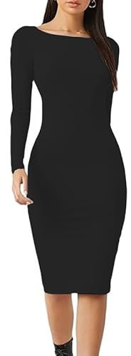 P&R DANCEWEAR LTD Women's Long Sleeve Bodycon Dress – Stylish Round Neck Dress for Summer, Casual, Evening, Party & Everyday Wear (Black, M-L)