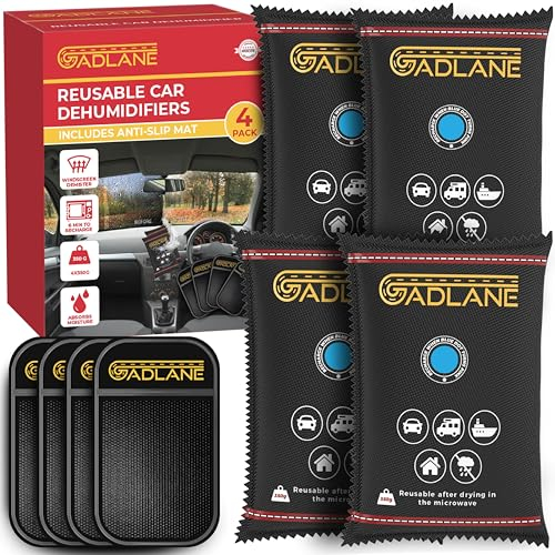GADLANE Deshumidificador Coche Reutilizable Pack de 4 - 350g Absorbente de Humedad con Alfombrillas Antideslizantes, Deshumidificador para Coche, Bolsas de Gel de Sílice, Elimina Condensación