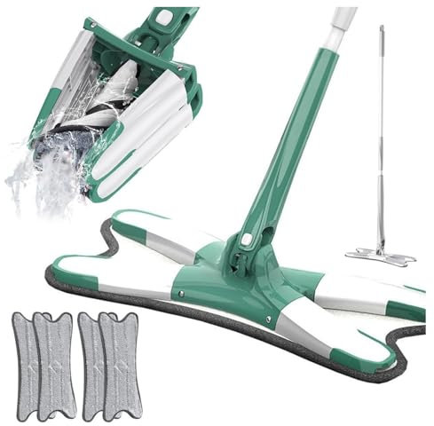 2024 Neu Bodenwischer X-förmiges Großer Flachmopp, Wischmopp mit Auswringfunktion, Flacher Wischmopp 360° Drehkopf Bodenwischer Set mit Wiederverwendbaren Mikrofaser Wischpads (Grün+4 Pads)