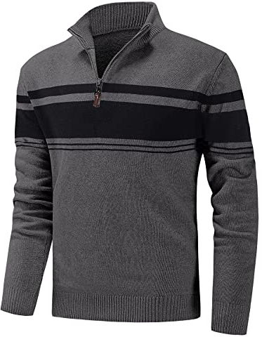 KEFITEVD Mens Jumpers UK 1/4 Zip Pullover Lightweight Sweater Thermal Winter Polo Neck Striped Jumper Dark Grey Black XL