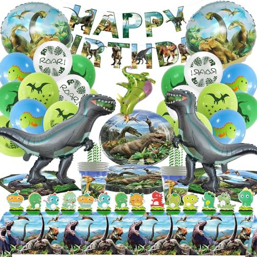 Bemoseng 101PCS Vaisselle Anniversaire Dinosaure, Deco Dinosaure Anniversaire, Ensemble de Fête D'anniversaire Dinosaure, Ballon Dinosaure, Serviettes Papier Bannière Nappe Fournitures de Fête