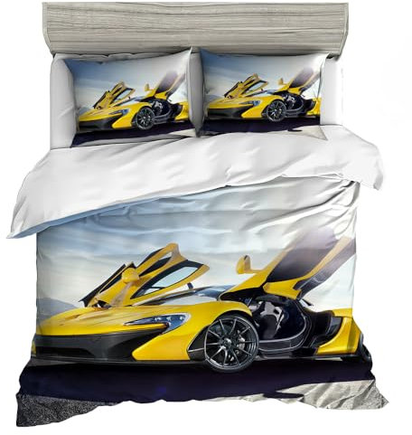 CHENGHUO Sportwagen Bettwäsche Set für Kinder Jungen Männer, 3D Anime Bettwäsche, Wendebettwäsche Teilig mit Reißverschluss, 135x200+80x80 cm, 2 Stück