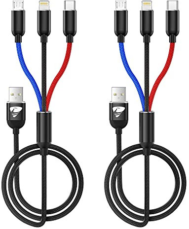 Multi Charger Cable [2Pack 1.2M], 3 in 1 USB C Charger Cable Fast Charging Cord Portable Phone Charger Cables with Micro USB Type C Multi Charging for iPhone 15,Samsung,PS4,Tablet,Nokia,LG,Kindle ect,