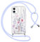Oelrstfe Coque pour iPhone 11 avec Cordon de Collier,Transparent Paillette Fleurs Motif Silicone Étui Housse,Aesthetic Glitter Antichoc Anti-Chute Lanyard Bandoulière Case pour iPhone 11,Bleu