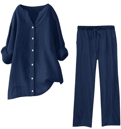 KUIH Women's Cotton Linen Co Ord Trouser Sets Summer 2Pcs Outfit Set Long Sleeve Lapel Button Down Shirt + Wide Leg Trouser Streetwear Loungewear Casual Tracksuit Two Piece Outfits Lounge Wear Sets