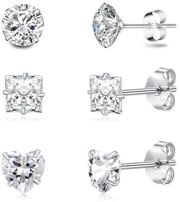 Zolkamery Ohrringe Silber 925 Stecker, 3 Paar Klein Rund/Herz/Viereck Set Mit 5A Zirkonia, Ohrstecker für Damen, Schläferknorpel Hypoallergen 5mm