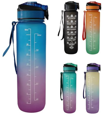 Water Bottle 1L Sport Drinks Jug with Time Marking & Lock Cover, Leak Proof 1 Liters Water Bottle with Portable Straps, Purple Water Canteen Bottle (blue)