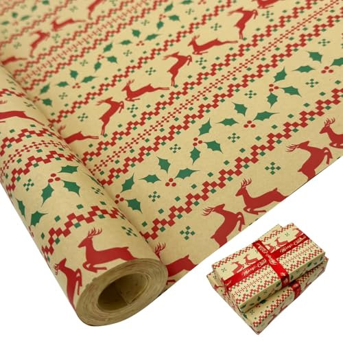 Enorme rotolo di carta da regalo: 76 cm * 15 m, carta da regalo natalizia riciclabile con stampa di alce per Natale, compleanno, matrimonio, decorazioni per feste